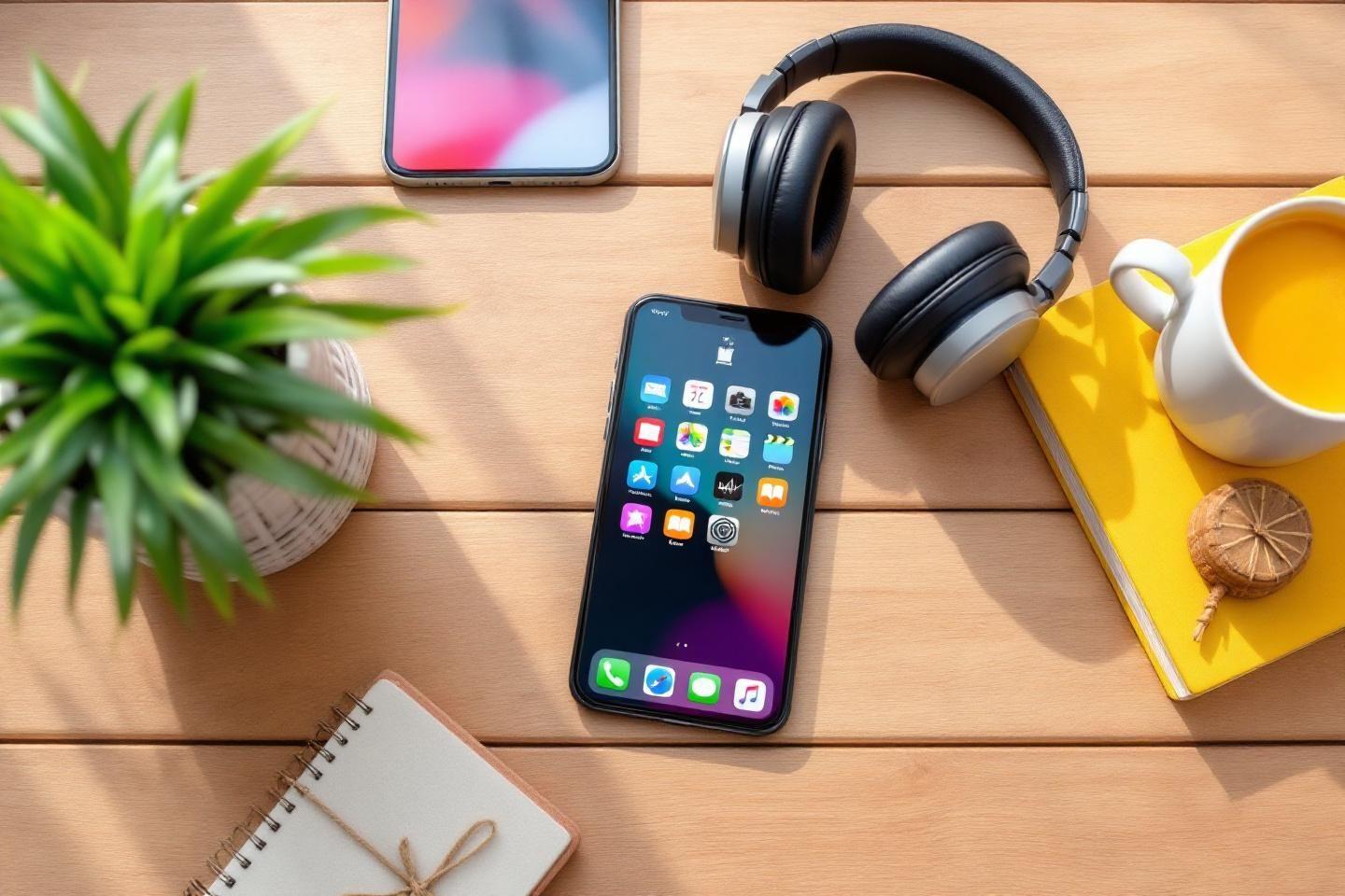 Un téléphone et un casque reposent sur un bureau, entourés d’accessoires.