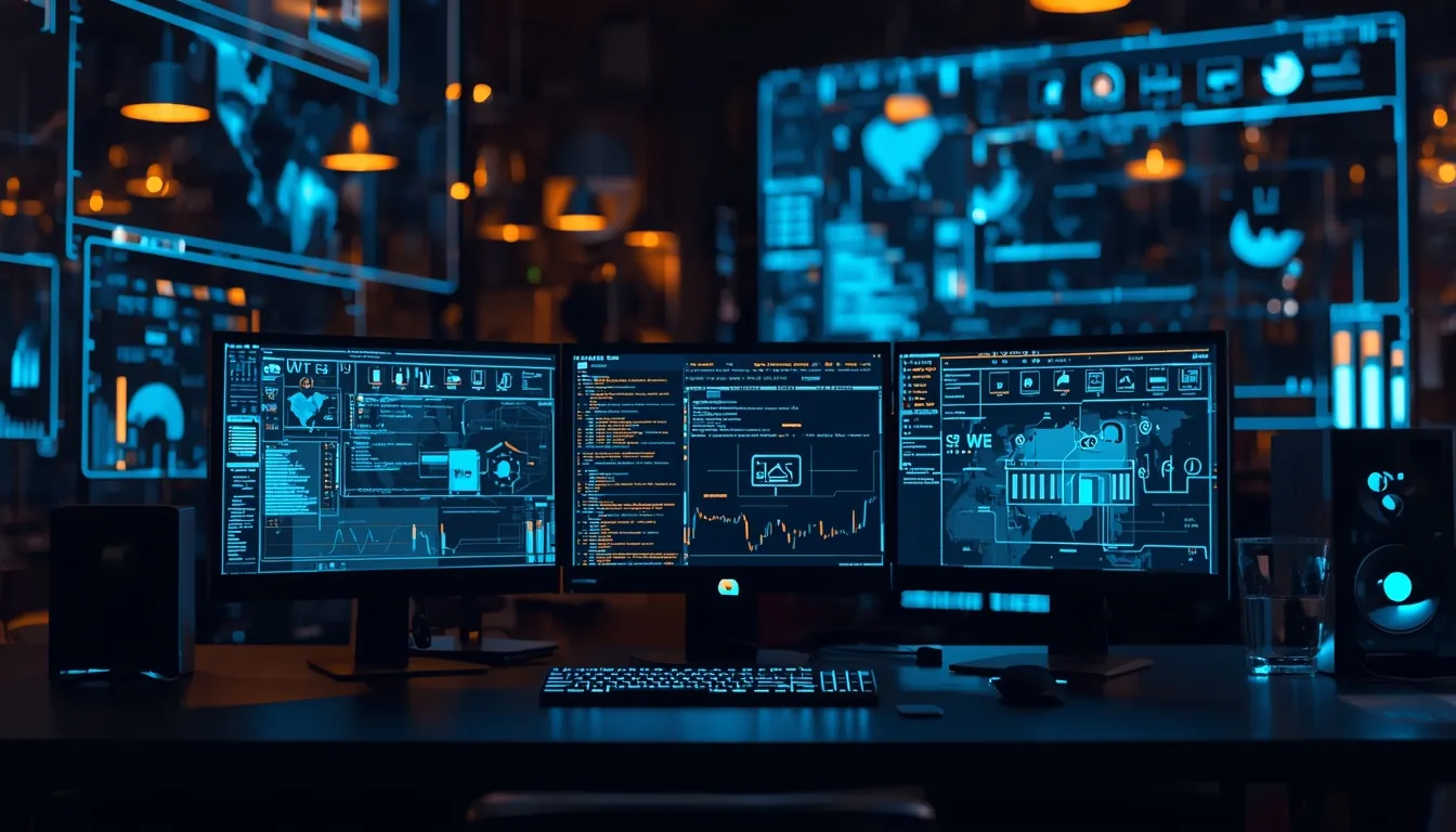 Plusieurs écrans de développement affichent des interfaces techniques abstraites.