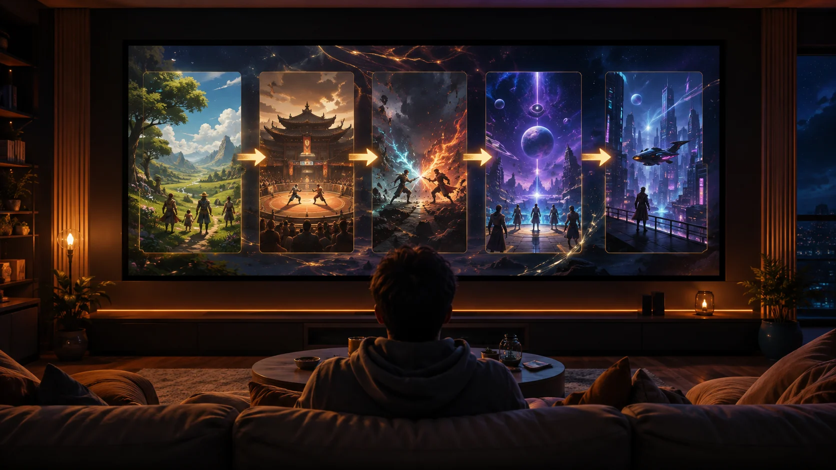 Un spectateur regarde un montage de paysages fantasy génériques sur un écran.