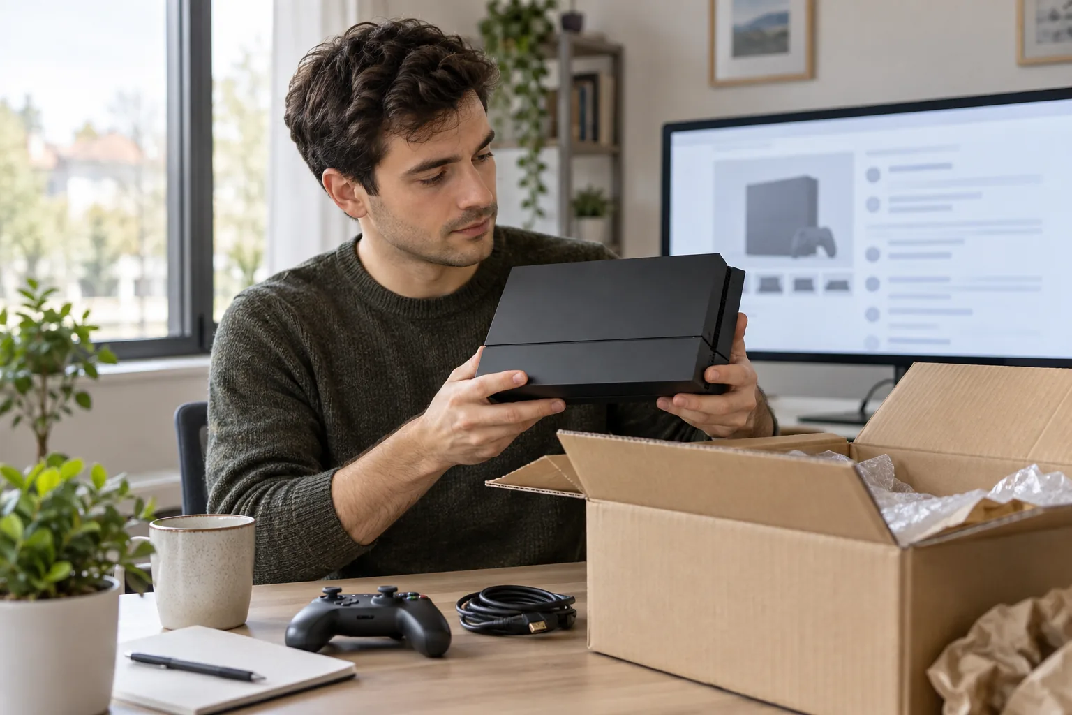 Un acheteur inspecte une console et un colis génériques devant une page d’avis illisible.