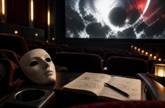 Un masque de théâtre et un carnet reposent dans une salle de cinéma devant un écran abstrait.