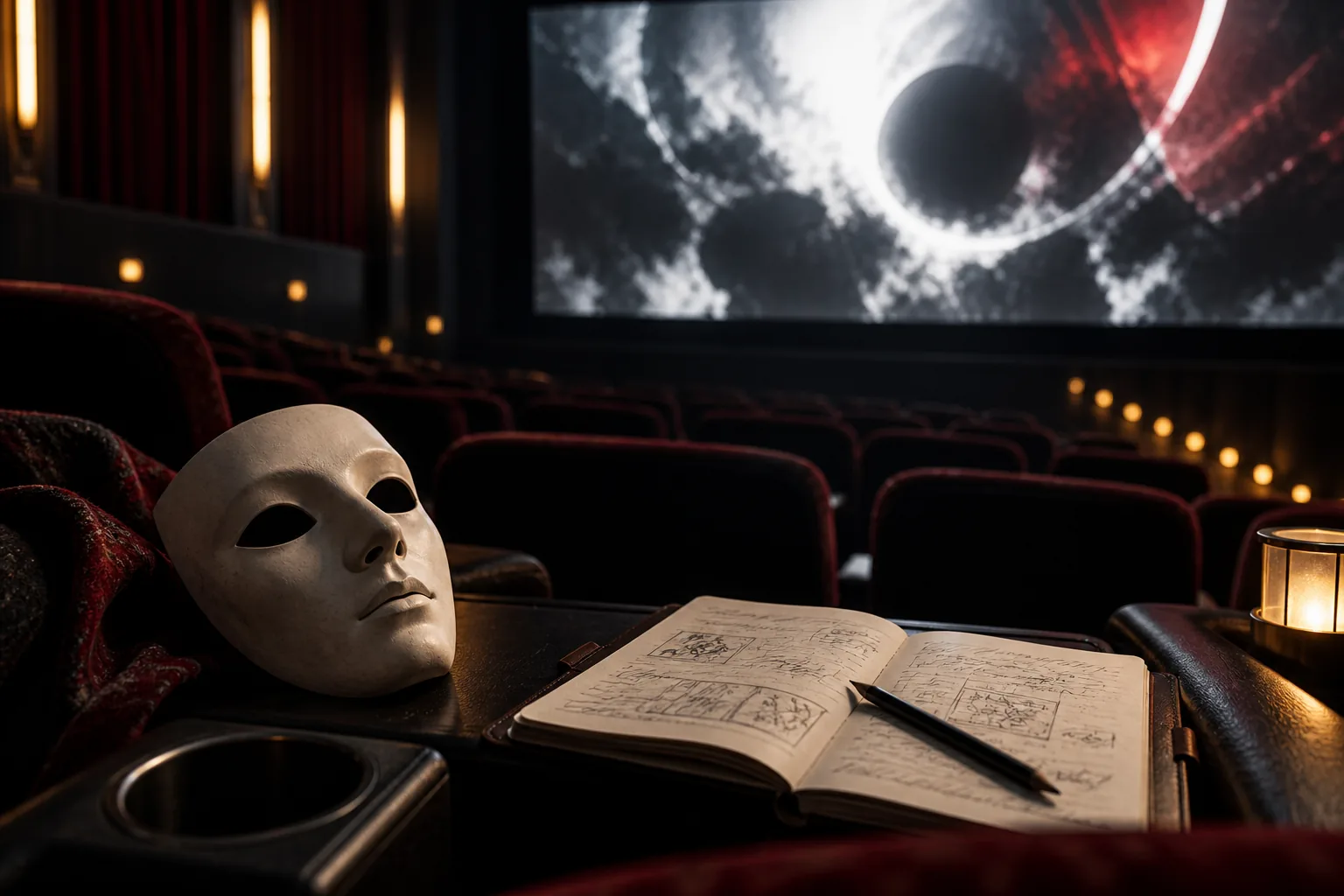 Un masque de théâtre et un carnet reposent dans une salle de cinéma devant un écran abstrait.