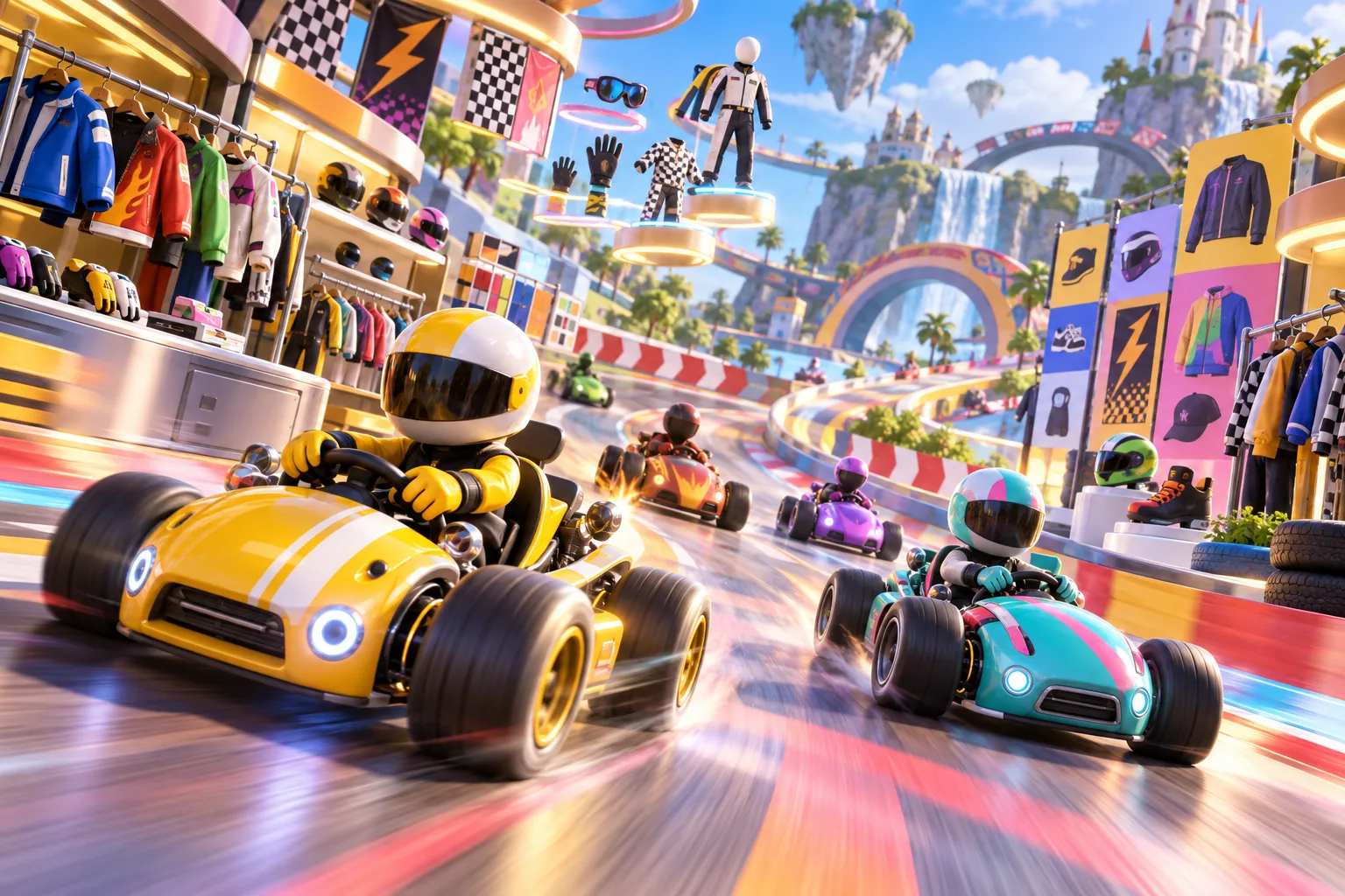 Des pilotes anonymes conduisent des karts originaux dans un décor de tenues colorées.