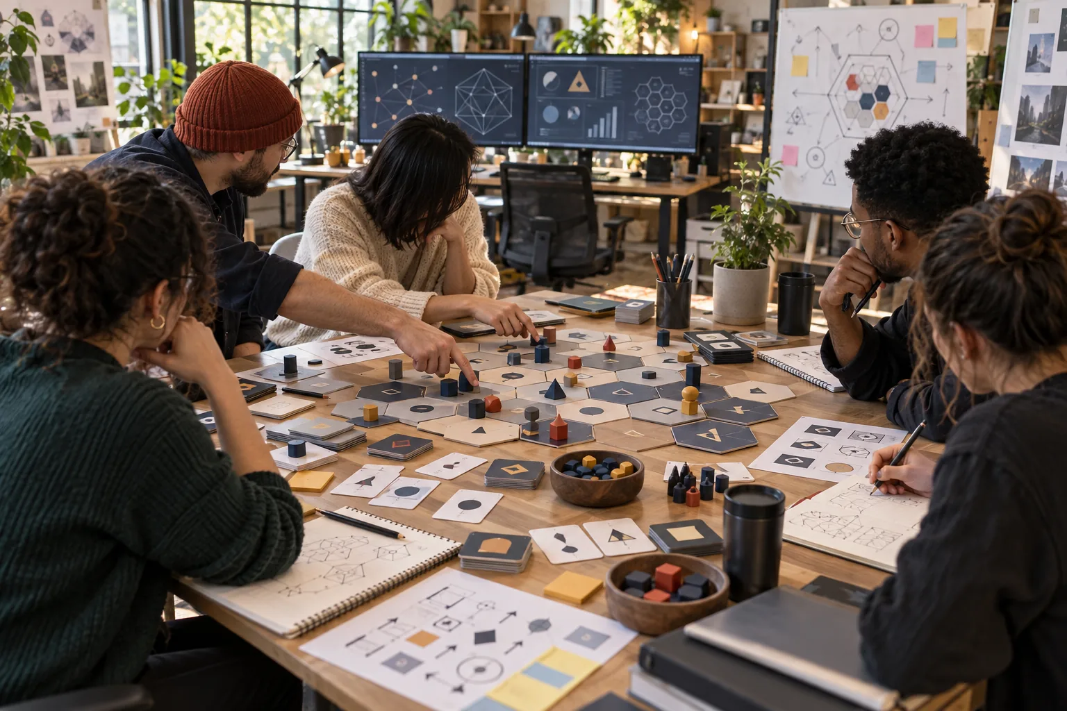Une équipe conçoit un prototype de jeu abstrait autour d’une table.