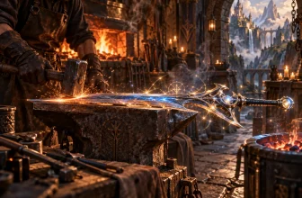 Une arme fantasy originale brille sur une forge dans un atelier imaginaire.