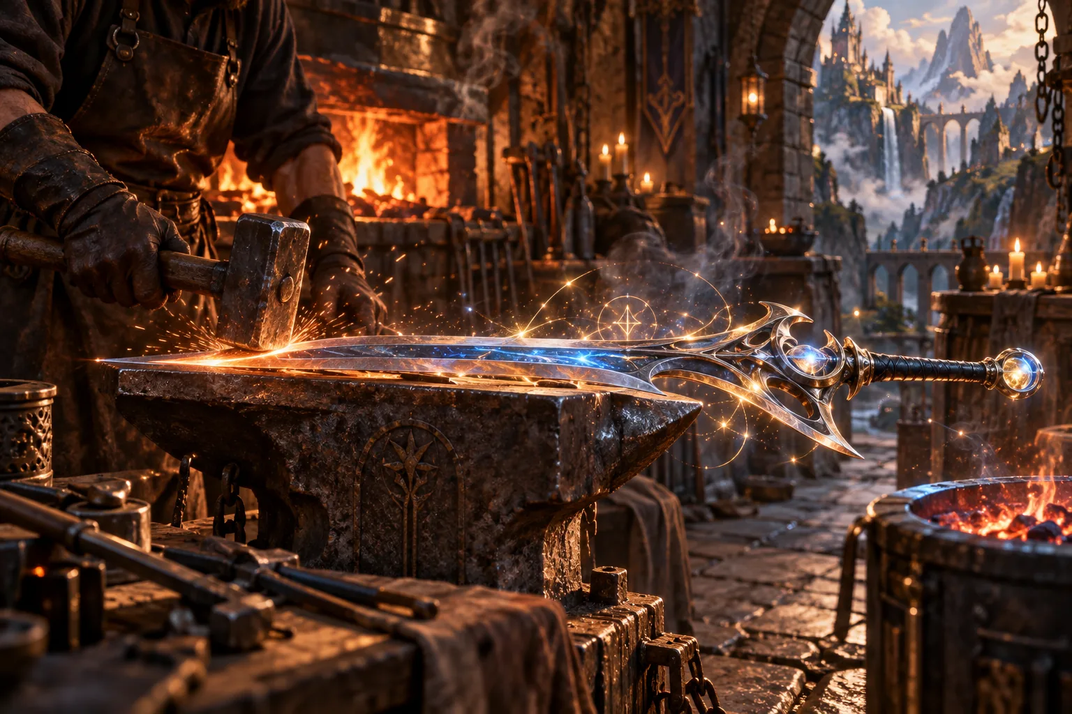 Une arme fantasy originale brille sur une forge dans un atelier imaginaire.