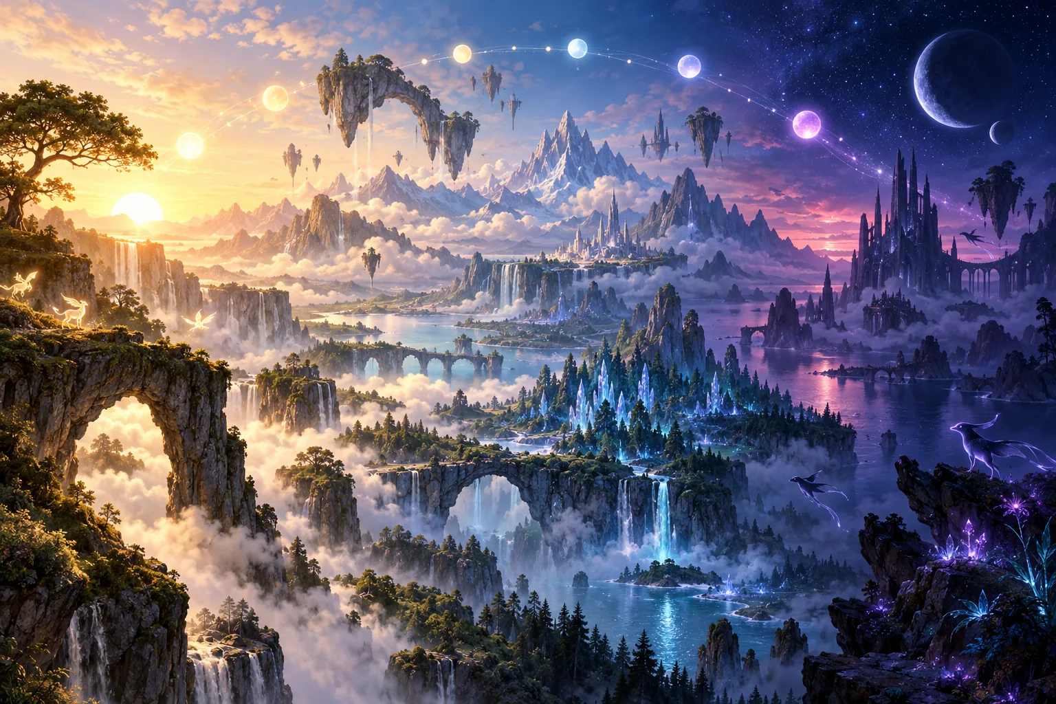 Un paysage fantasy original évoque une progression temporelle par la lumiÚre et la composition.