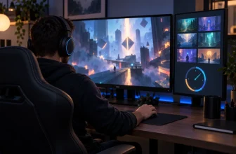 Un joueur consulte une bibliothèque de jeu abstraite et un cadran sans chiffre sur ses écrans.
