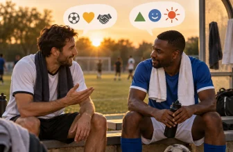 Deux joueurs discutent après une partie avec des bulles composées uniquement de symboles.