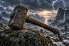 Illustration mythologique générique d’un marteau ancien posé sur une pierre dans un paysage nordique.