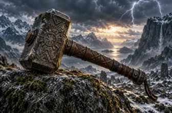 Illustration mythologique générique d’un marteau ancien posé sur une pierre dans un paysage nordique.