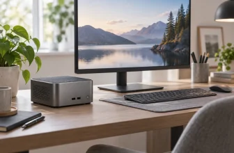 Un mini-PC compact sans marque est installé sur un bureau avec des périphériques génériques.