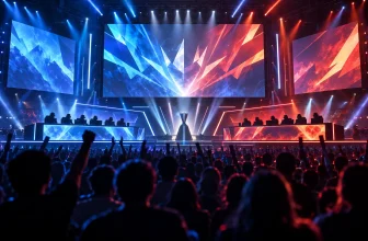 Des équipes anonymes participent à une compétition esport sur une grande scène aux écrans abstraits.