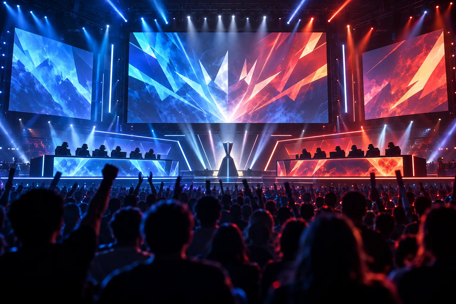 Des équipes anonymes participent à une compétition esport sur une grande scène aux écrans abstraits.