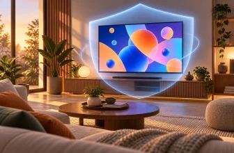Un salon affiche une animation abstraite entourée d’un bouclier lumineux symbolisant la prudence.