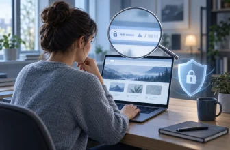Une utilisatrice examine une adresse web abstraite avec une loupe et un bouclier de sécurité.