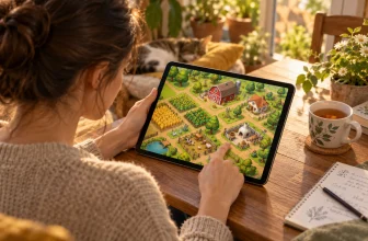 Une joueuse organise une ferme virtuelle générique sur une tablette.