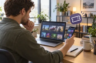 Un utilisateur compare une offre numérique générique sur ordinateur et smartphone.