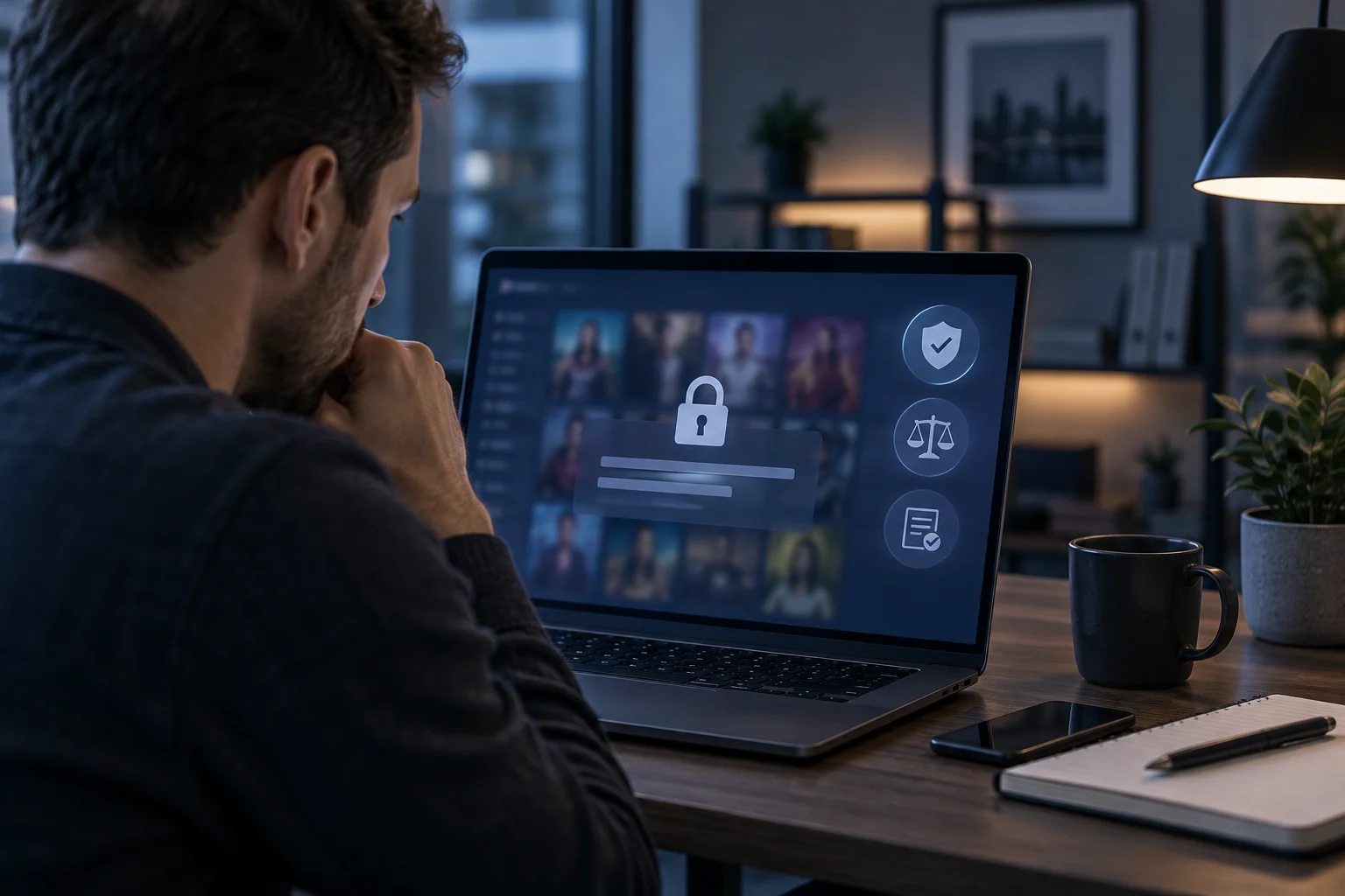Un utilisateur vérifie un catalogue de streaming générique protégé par des symboles de sécurité.