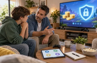 Un parent échange avec un adolescent devant des jetons virtuels et un bouclier de sécurité.