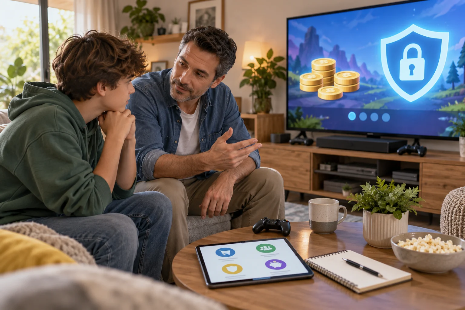 Un parent échange avec un adolescent devant des jetons virtuels et un bouclier de sécurité.