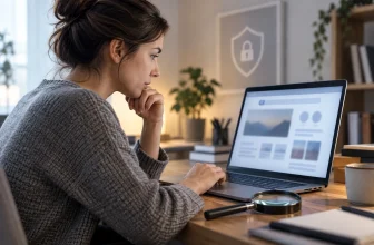 Une utilisatrice vérifie prudemment une adresse web abstraite sur son ordinateur.