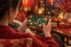 Une joueuse utilise un mini-jeu de serpent abstrait dans un décor festif.