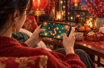 Une joueuse utilise un mini-jeu de serpent abstrait dans un décor festif.