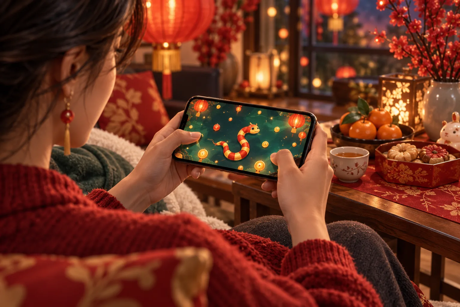 Une joueuse utilise un mini-jeu de serpent abstrait dans un décor festif.