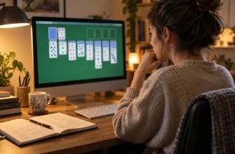 Une joueuse réfléchit devant une partie de solitaire générique sur un écran.