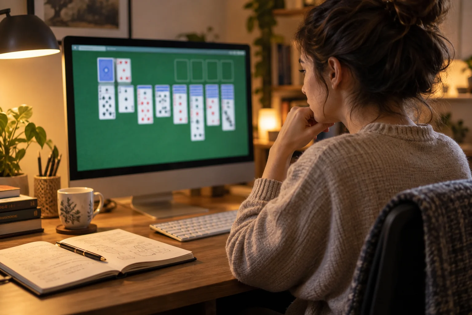 Une joueuse réfléchit devant une partie de solitaire générique sur un écran.