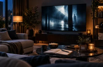 Un salon sombre présente une scène de thriller abstraite sur un écran.