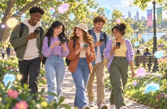 Un groupe d’amis joue sur smartphone dans un parc.