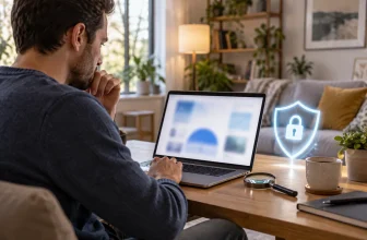 Un utilisateur vérifie une adresse web abstraite avec un symbole de sécurité.