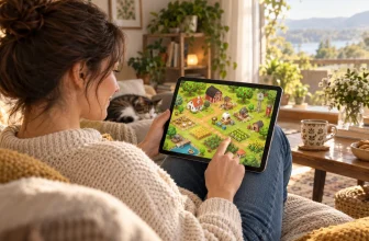 Une joueuse consulte un jeu de ferme générique sur une tablette.
