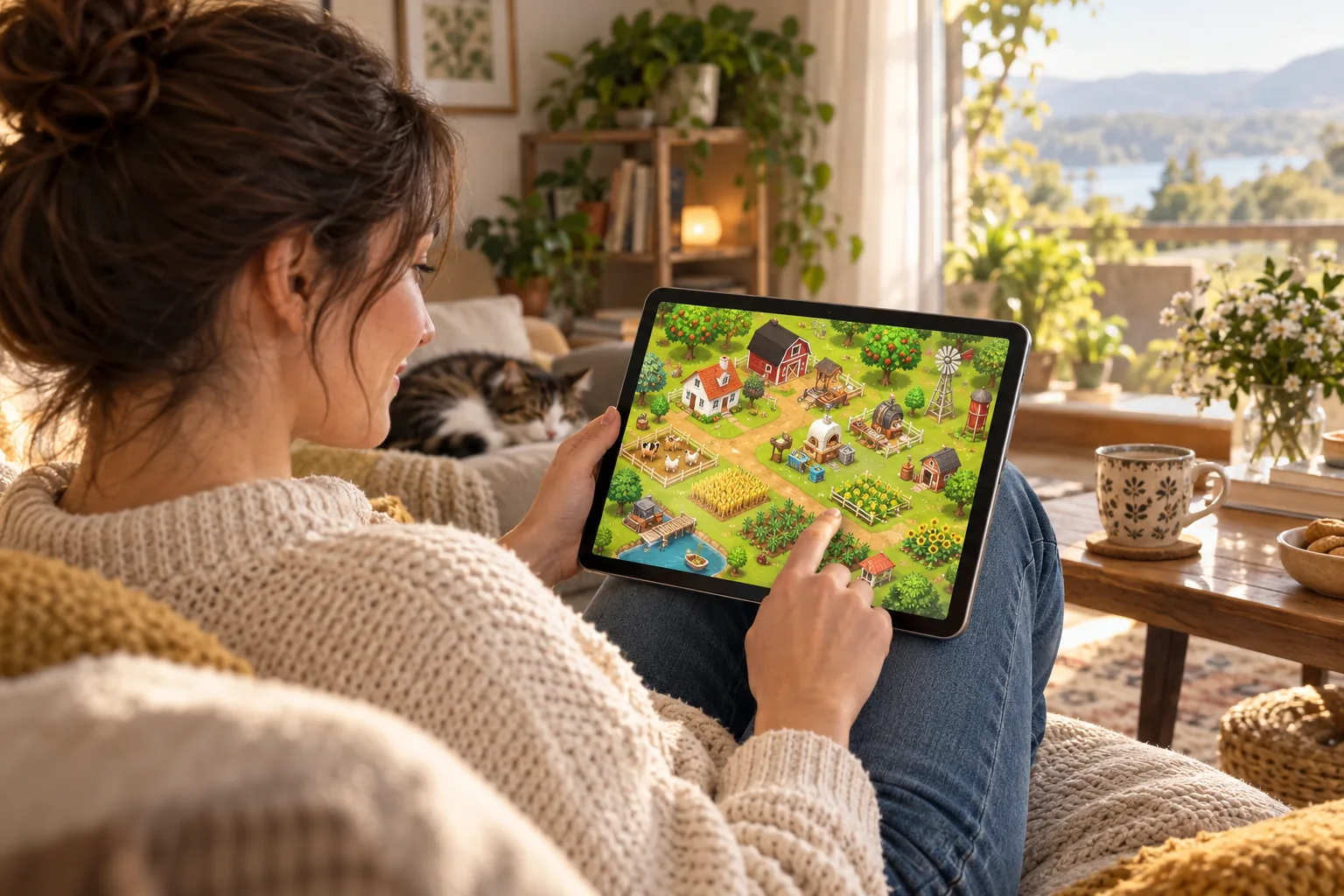 Une joueuse consulte un jeu de ferme générique sur une tablette.