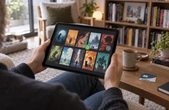 Un lecteur parcourt une bibliothèque numérique de bandes dessinées génériques.